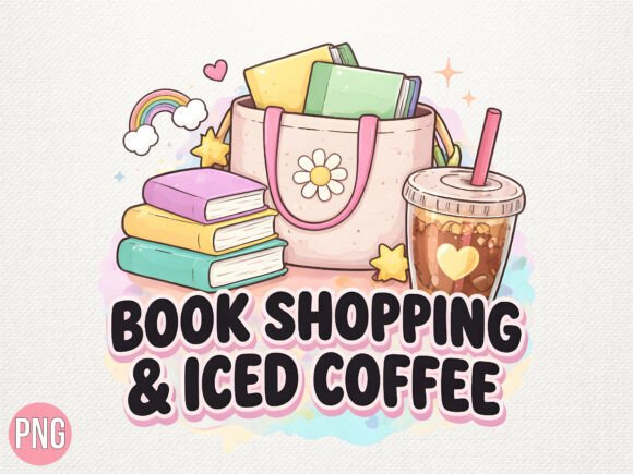 Book Shopping & Iced Coffee PNG Design