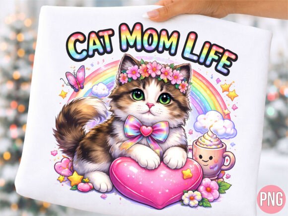 Cat Mom Life Rainbow Floral Kitten PNG: Elevate Your Creative Projects with High-Quality Digital Art