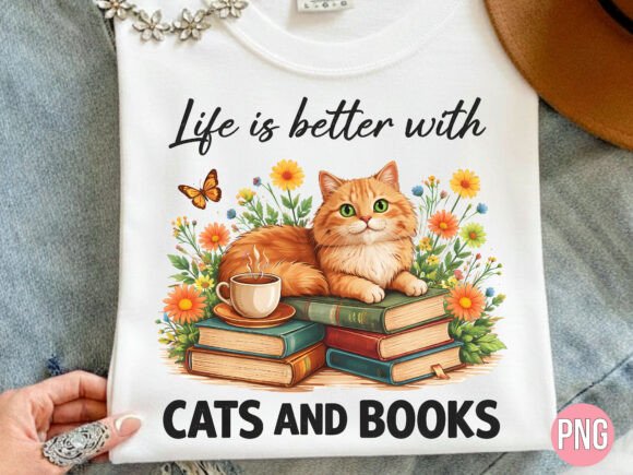 Life Better with Cats and Books PNG